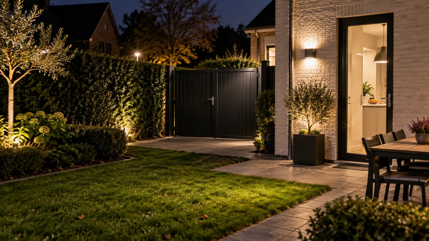 Verlichte tuin en gesloten toegangspoort bij een woning in de avond.