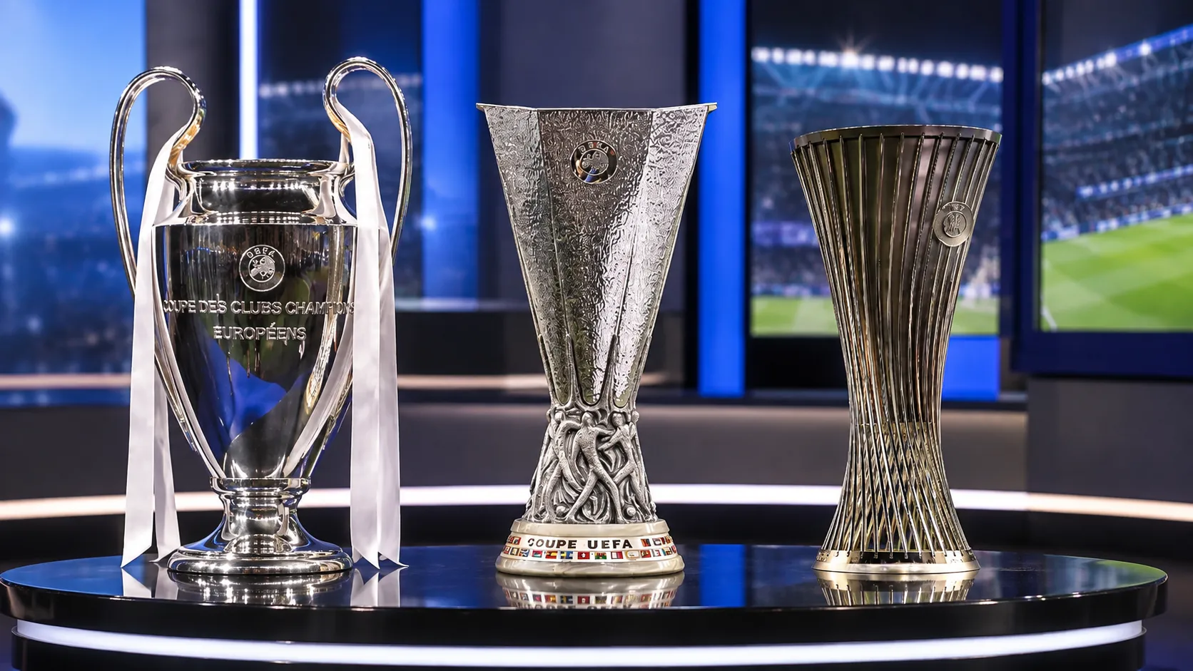 Drie Europese clubtrofeeën staan opgesteld in een televisiestudio.