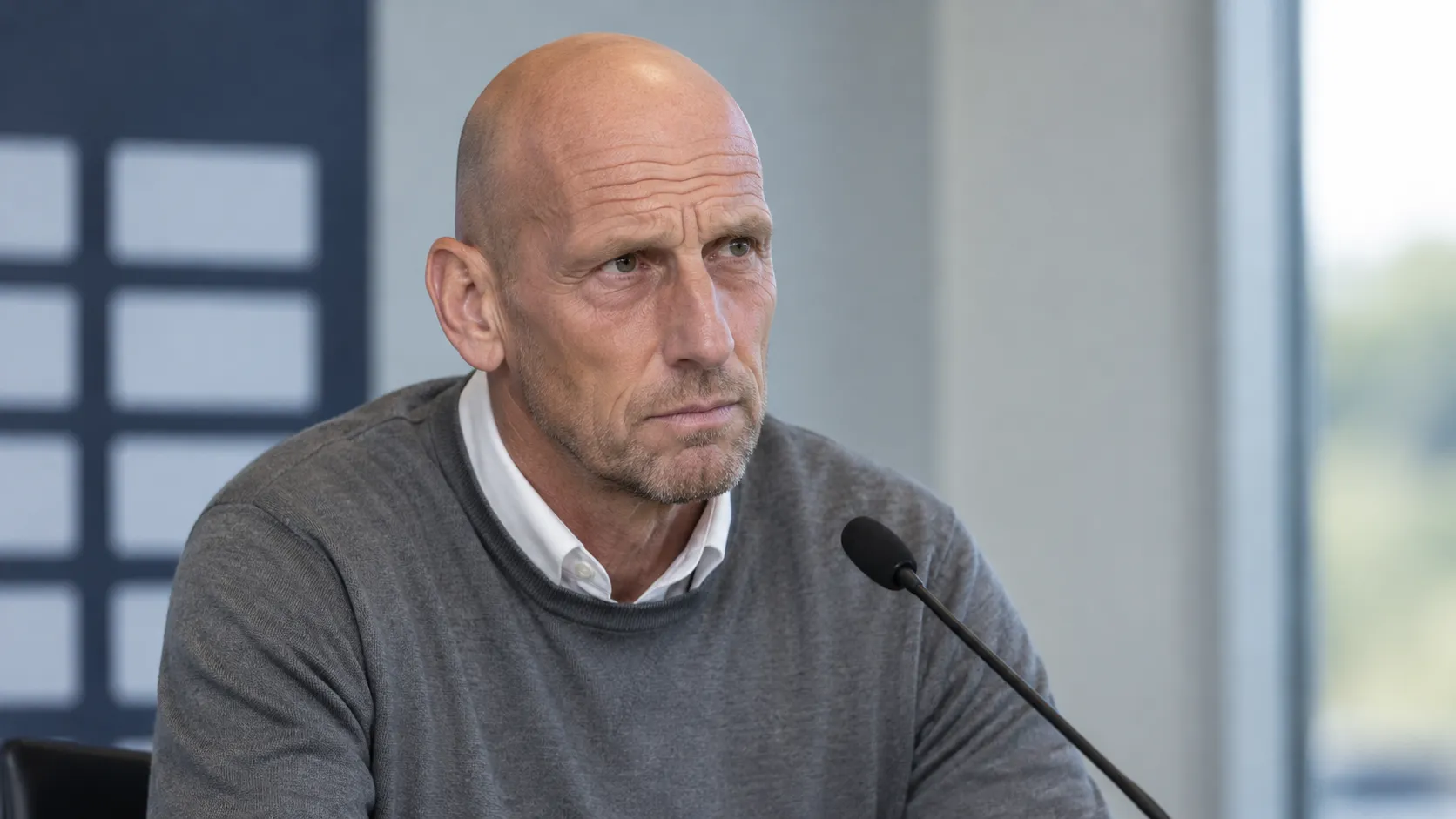 Jaap Stam spreekt in een neutrale interviewstudio.